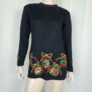 Vtg sequin Christmas ornament novelty sweater black SM silk blend